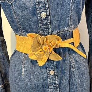 Tan pebbled leather wide belt with flower detail size medium